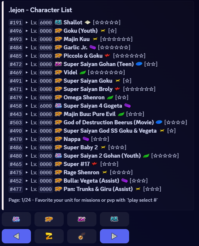 Game command: character list